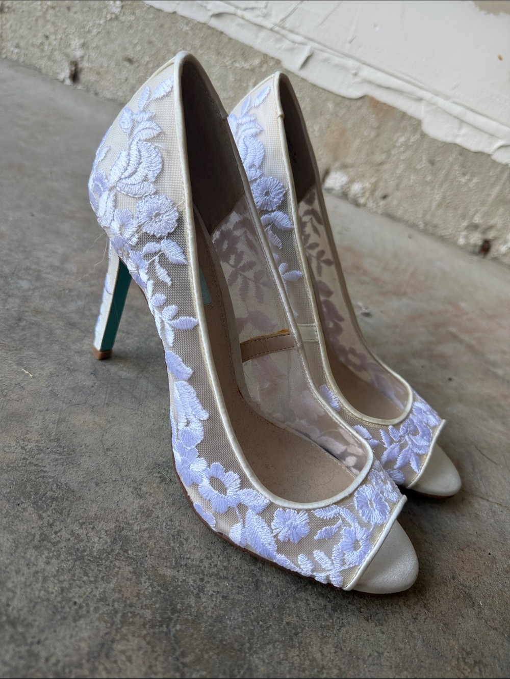 Betsey Johnson White Floral Lace Peep-Toe Heels with Teal Stiletto